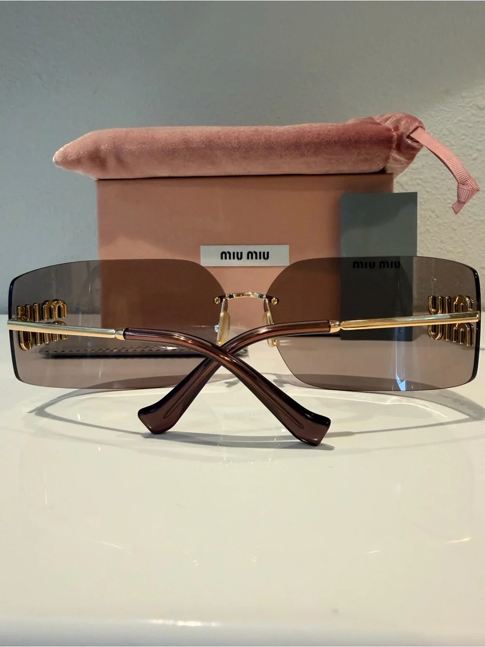 Miu Miu Rimless Shield Sunglasses Miu Miu MU Aube Gold Light Purple Brown